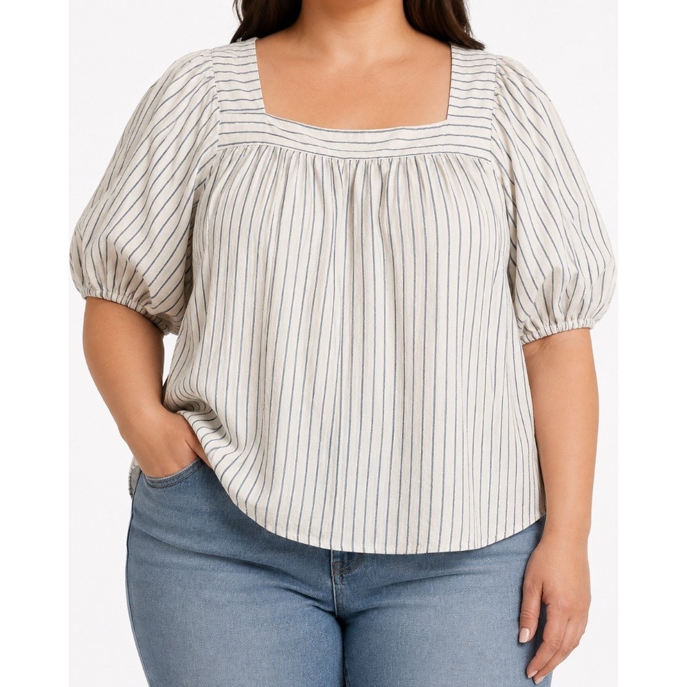 Sonoma Womens Plus 2X Blouse Top White Blue Stripe Square Neck Puff Sleeve Cotto